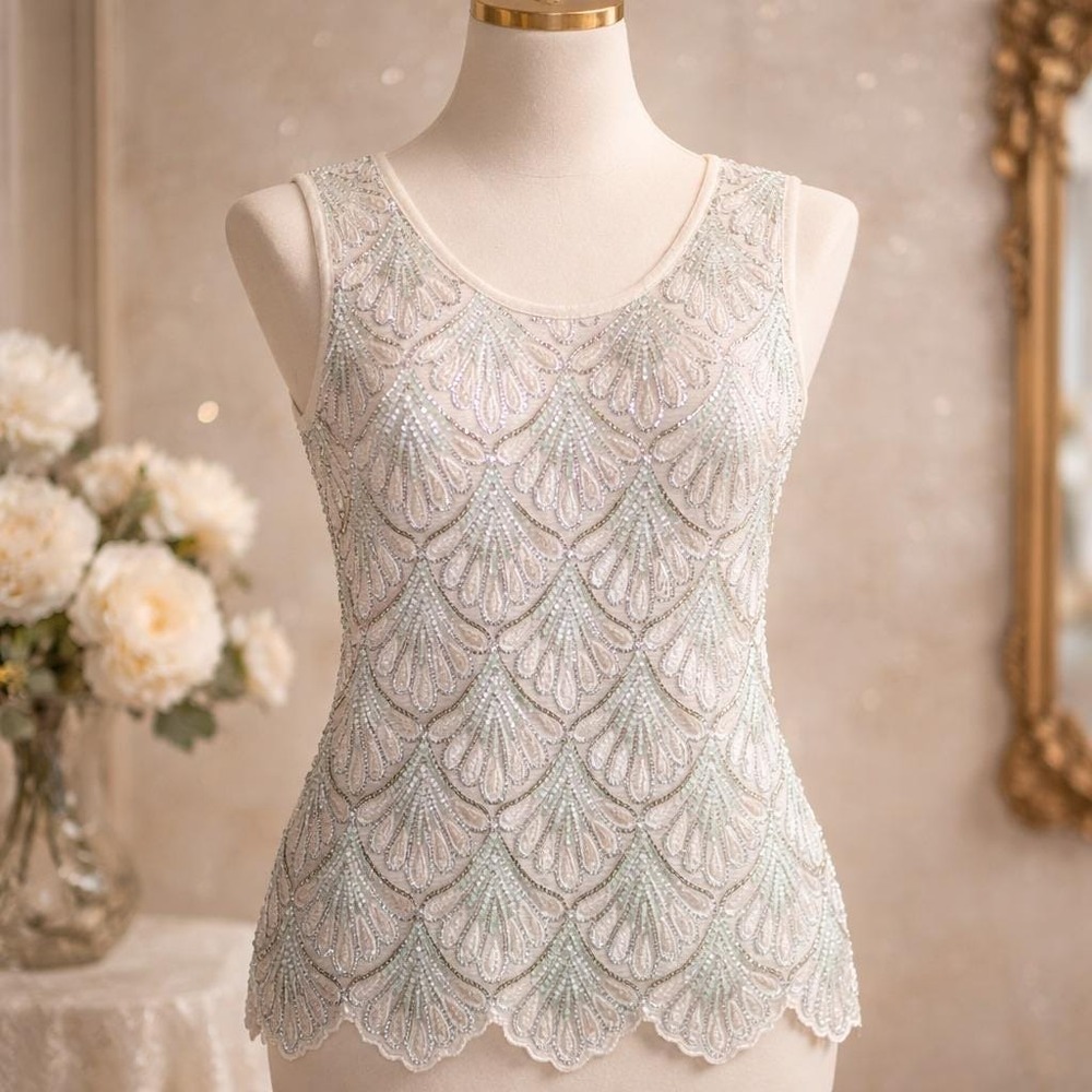Sequin Vintage Small Beaded Art Deco Top Cream Mint Silver‎ Fairy Scalloped Hem